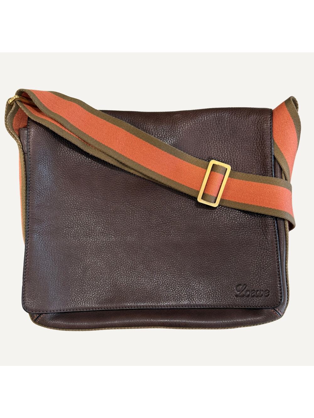 Loewe Vintage Dark Brown Leather Messenger Shoulder Bag Striped Strap